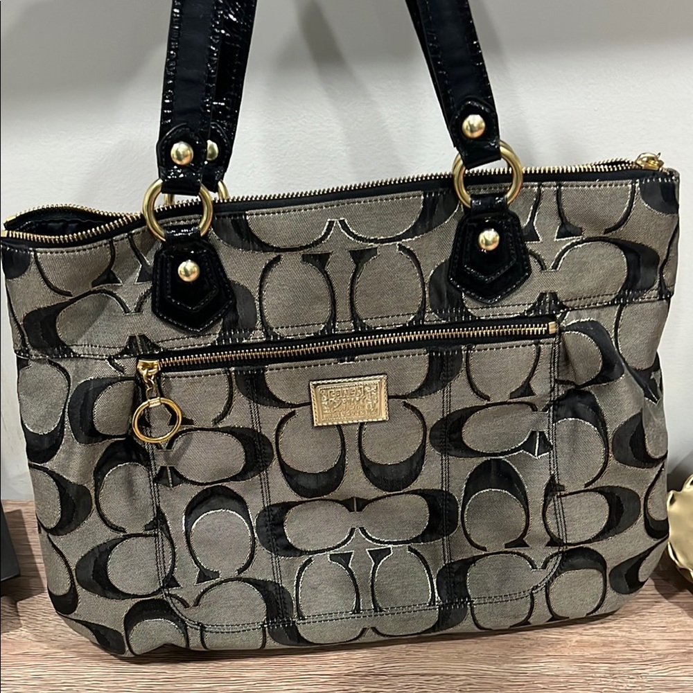 Coach Signature Poppy Canvas Tote with Black Patent Leather Trim